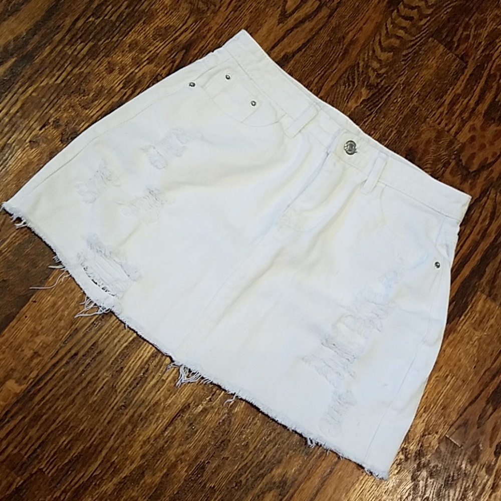 Distressed White Denim Mini Skirt